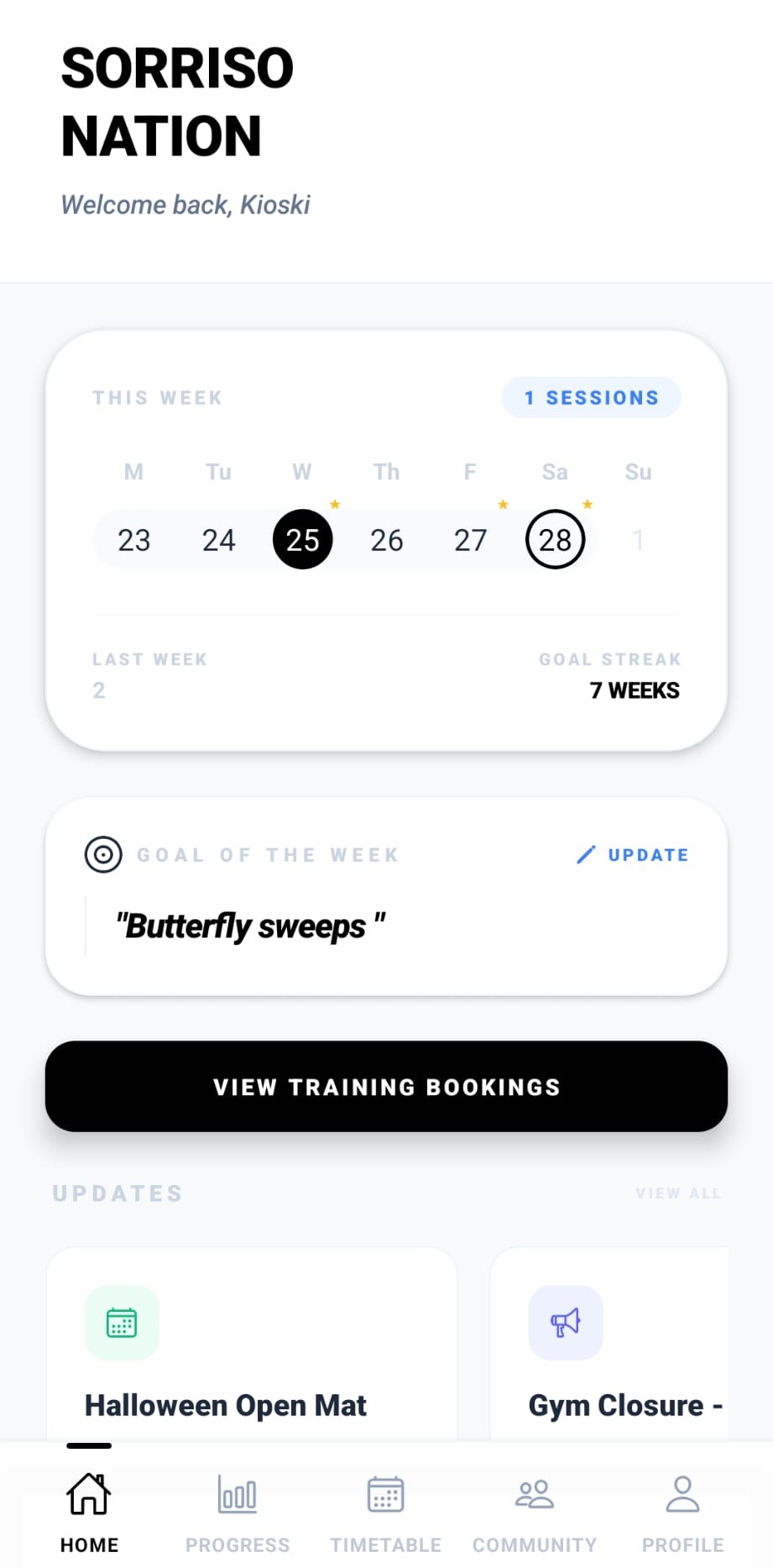 Home screen with weekly tracker and goals